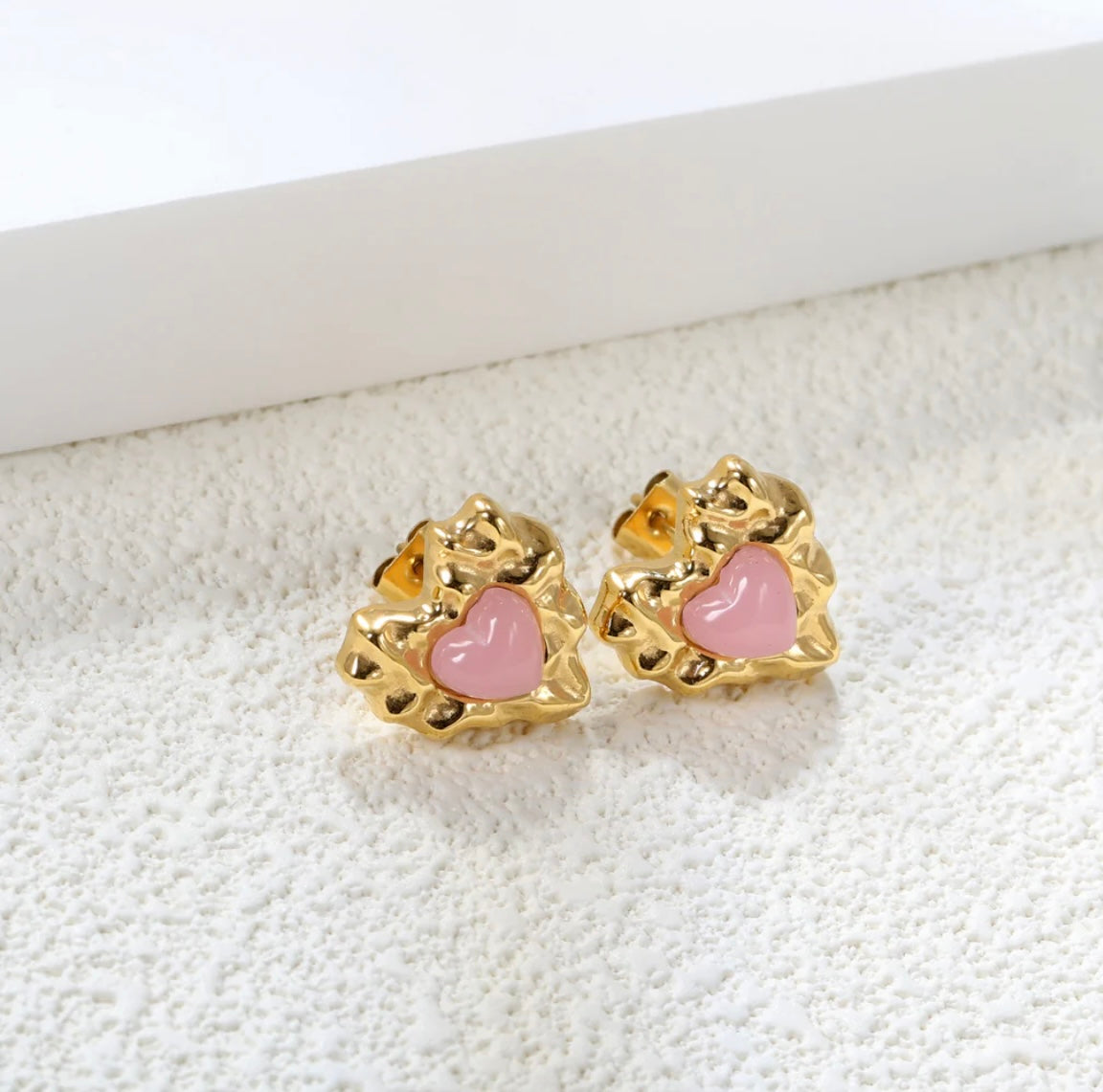 Gold and Pink Heart Stud Earrings