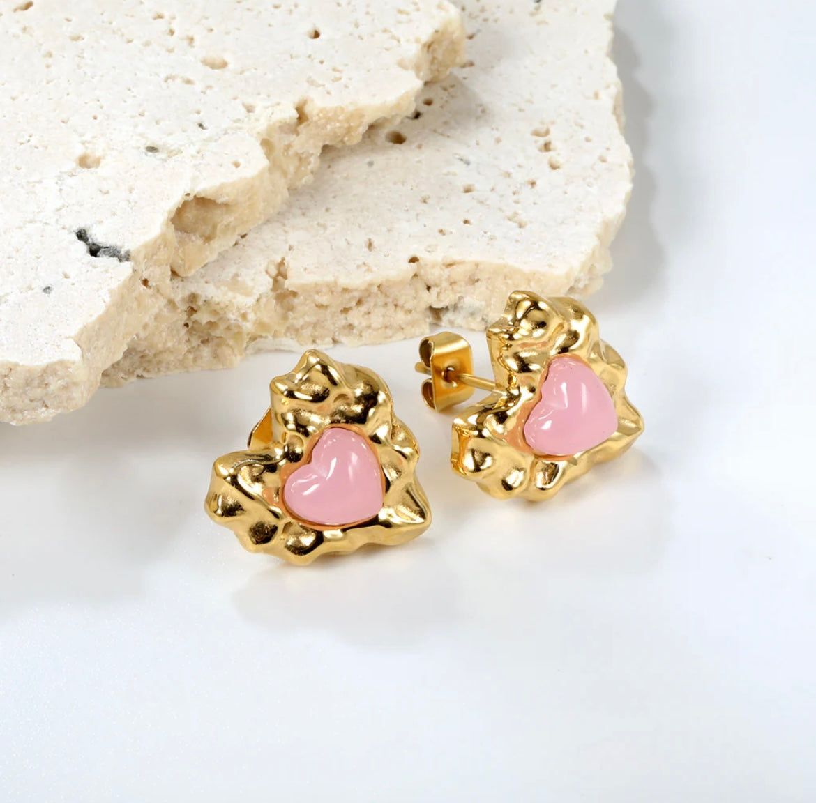 Gold and Pink Heart Stud Earrings