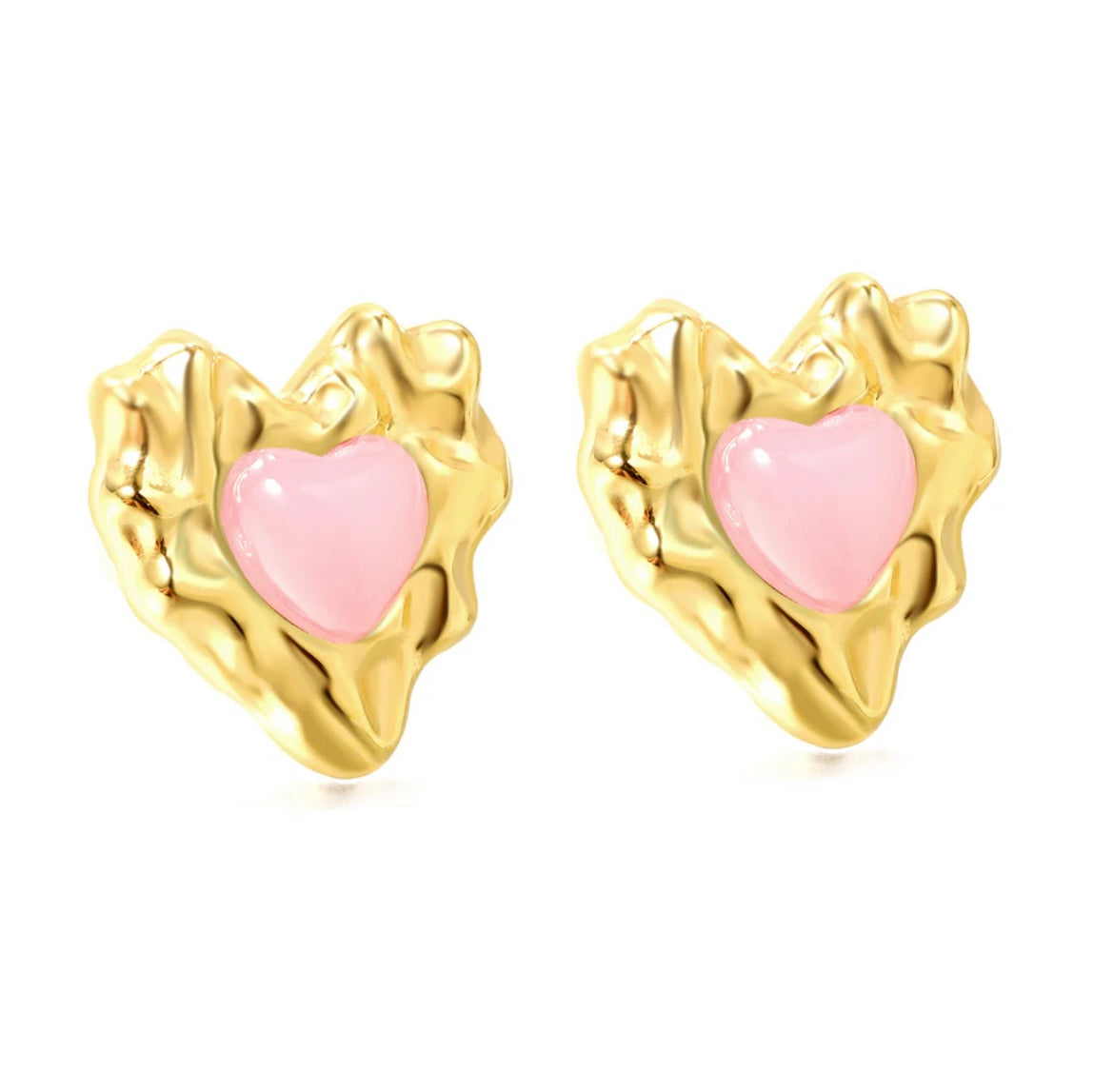 Gold and Pink Heart Stud Earrings