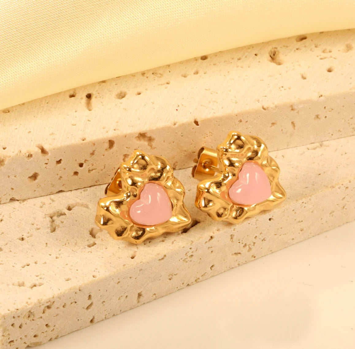 Gold and Pink Heart Stud Earrings